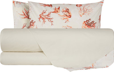 Biancheria Letto Completo Letto Cotone Panna Con Bordo Coralli Rossi/Panna