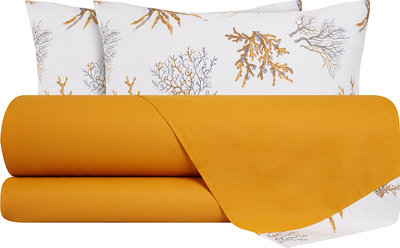 Biancheria Letto Completo Letto Cotone Lenzuolo Senape con Bordo Corallo Ocra Su fondo Bianco