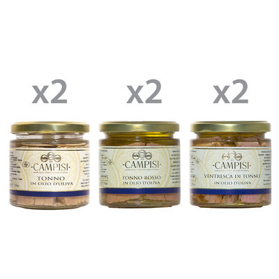 Selezioni miste 6 barattoli misti: Tonno in olio d'oliva - Tonno rosso - Ventresca di tonno