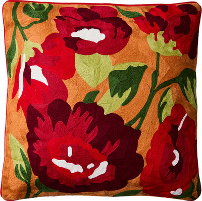 Cuscini e Fodere Embrodery - cuscino fiori rossi su fondo arancio