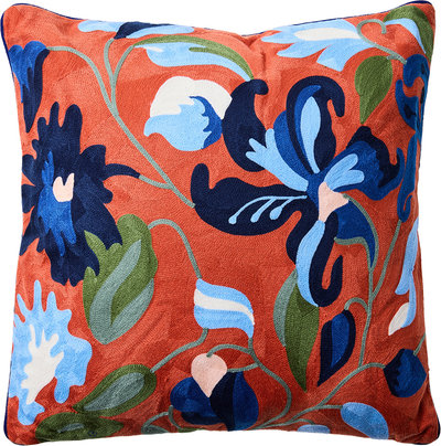 Cuscini e Fodere Embrodery - cuscino fiori blu su fondo arancio