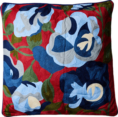 Cuscini e Fodere Embrodery - cuscino fiori blu su fondo rosso