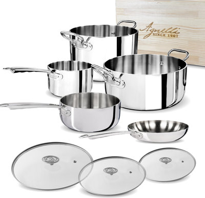 Padelle e pentole Set Alu-inox 5-ply con scatola in legno 8 pezzi