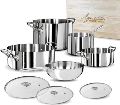 Padelle e pentole Set Alu-inox 3-ply con scatola in legno8 pezzi