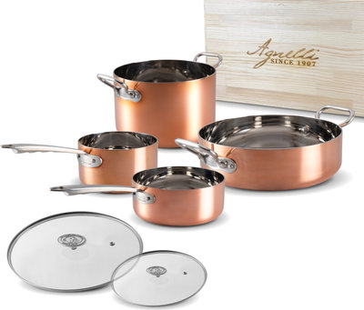 Padelle e pentole Set copper 4con scatola in legno6 pezzi
