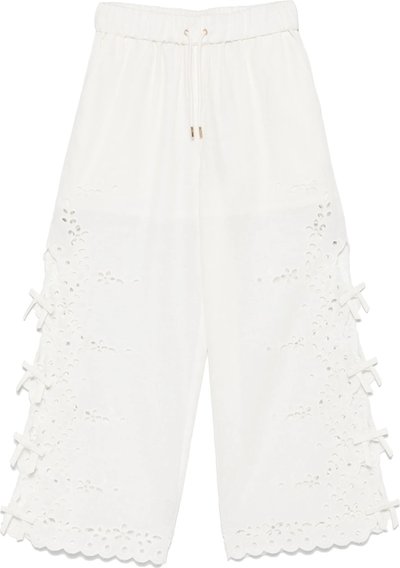 Casual Cream Linen Embroidered Trousers