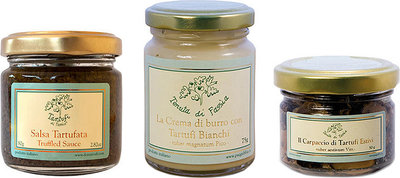 Prodotti al tartufo 3 vasetti misti: Salsa Tartufata 80 gr - Salsa di Burro al Tartufo Bianco 75 gr - Carpaccio di Tartufi Estivi 50 gr