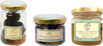 Prodotti al tartufo 3 vasetti misti: Tartufo intero 50 gr - Carpaccio di Tartufi Estivi 50 gr - Miele di Acacia al Tartufo Estivo 80 gr