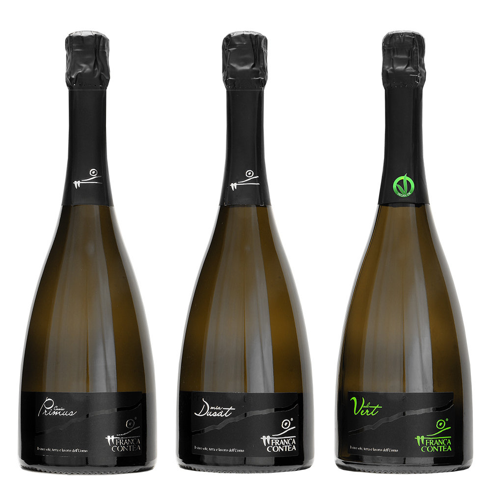 3 bottiglie miste: ''Primus'' Franciacorta Brut Cuvèe DOCG - ''Mìa Dusàt'' Franciacorta Dosaggio Zero DOCG 2013 - ''Sul Vert'' Franciacorta Brut Vegano DOCG