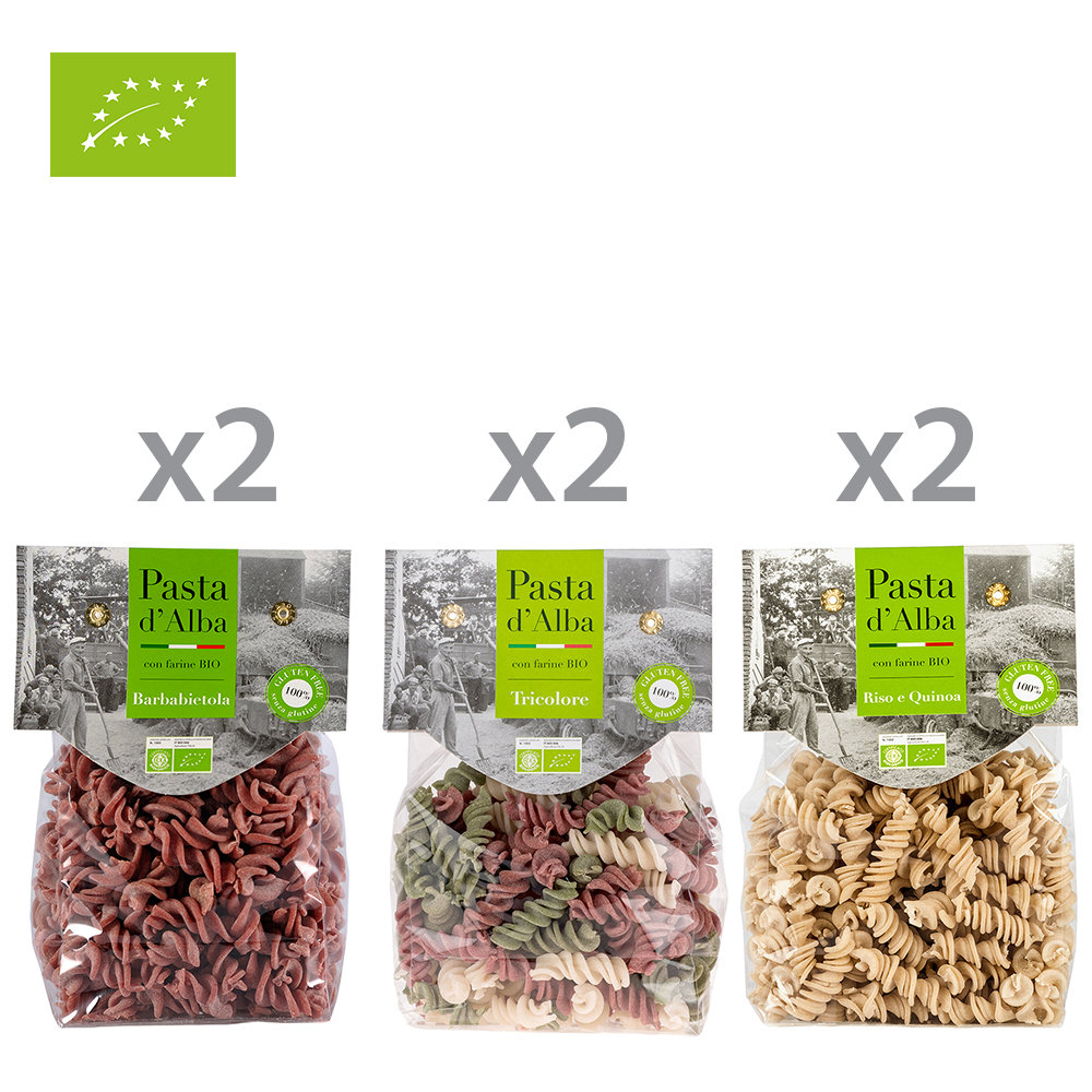 6 confezioni miste: 2 Fusilli Riso e Barbabietola BIO Senza Glutine - 2 Fusilli di Riso Tricolore BIO Senza Glutine - 2 Fusilli Riso e Quinoa BIO Senza Glutine