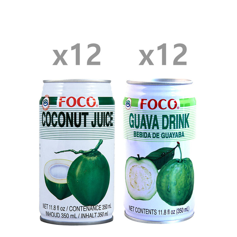 24 mixed 350 ml cans: 12 Foco Coconut Juice - 12 Foco Guava Juice