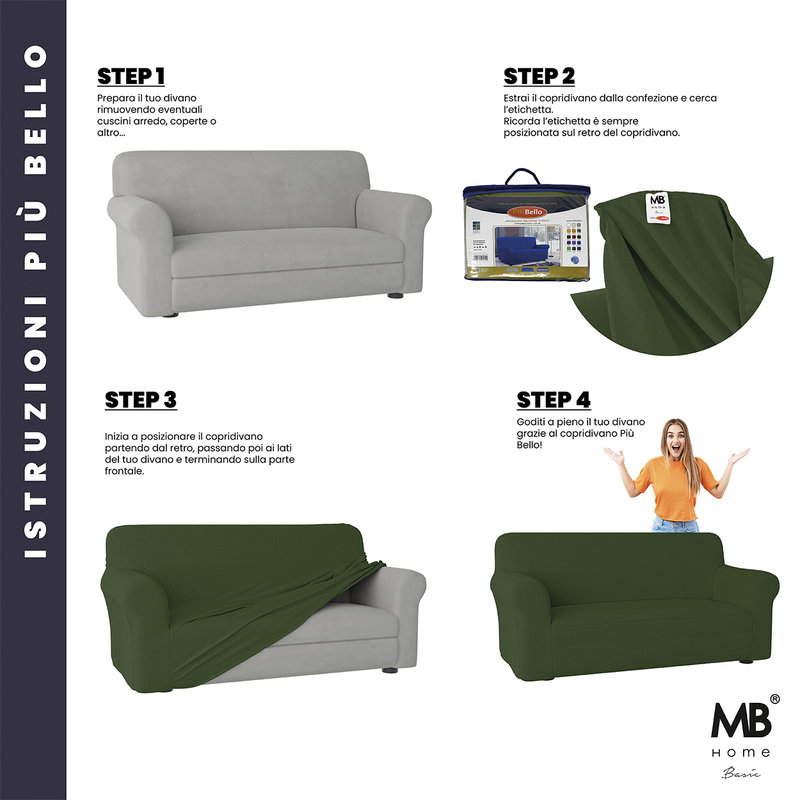 MB Home Basic Più Bello Copridivano Bielastico, Verde (Scuro), 4 Posti, da  220 a 270 cm