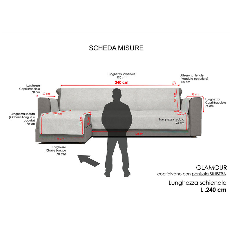 Copridivano antiscivolo penisola SINISTRA Glamour, Made in Italy, 240 cm,  Panna