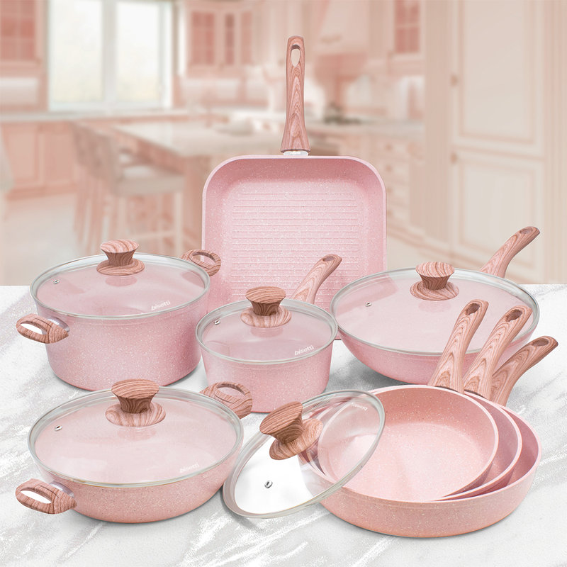 13-Piece 'Stonerose' Cookware Set with Natural Rose Wood Design Handles