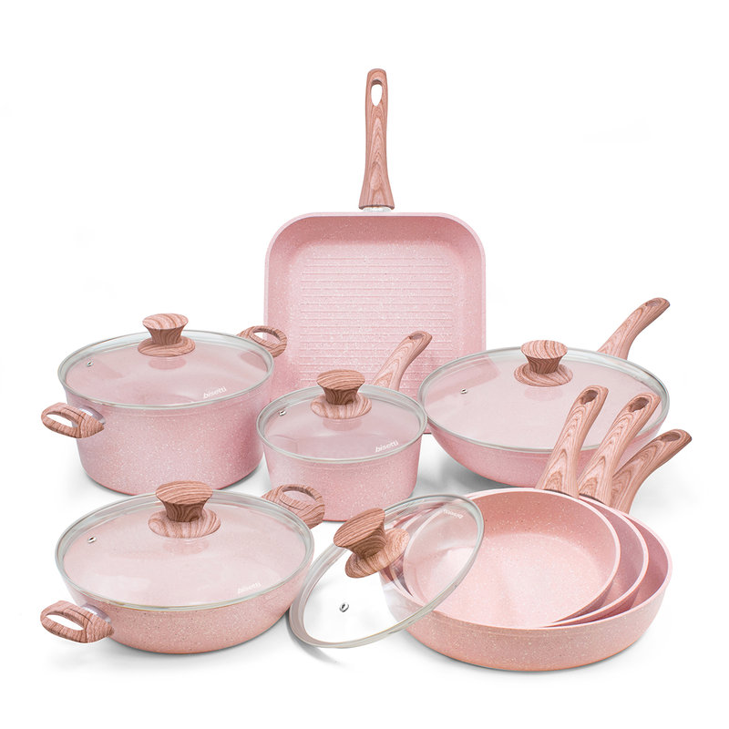 13 Piece Stonerose Cookware Set with Natural Rose Wood Design