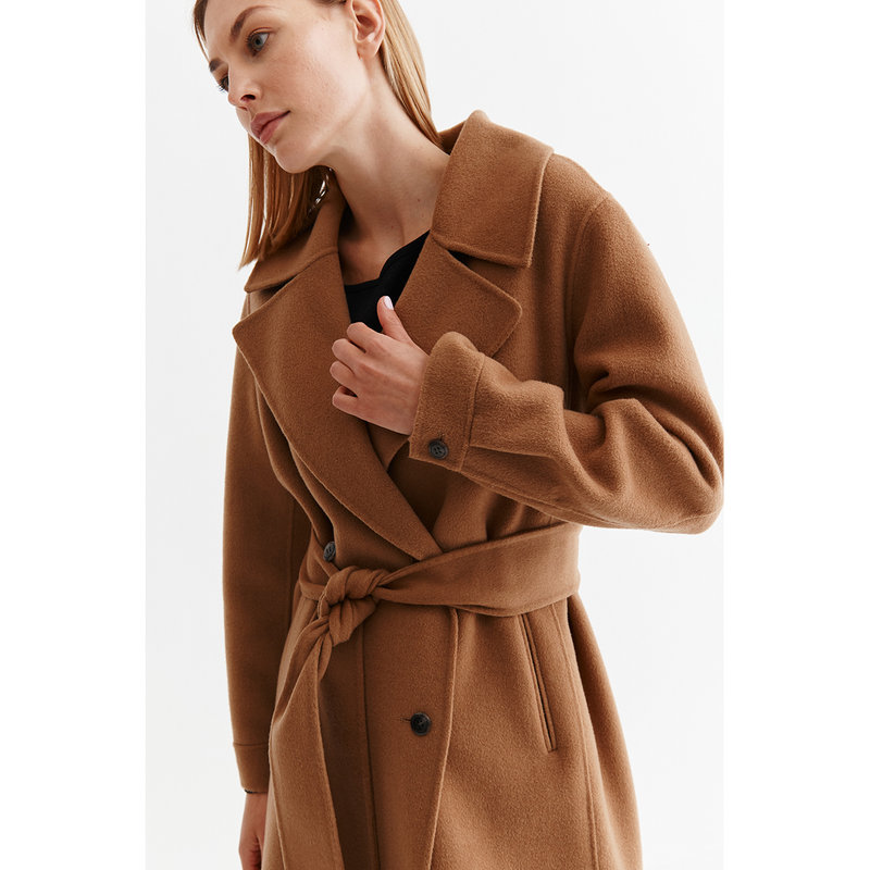 Camel Hooded Wool Blend Wrap Coat