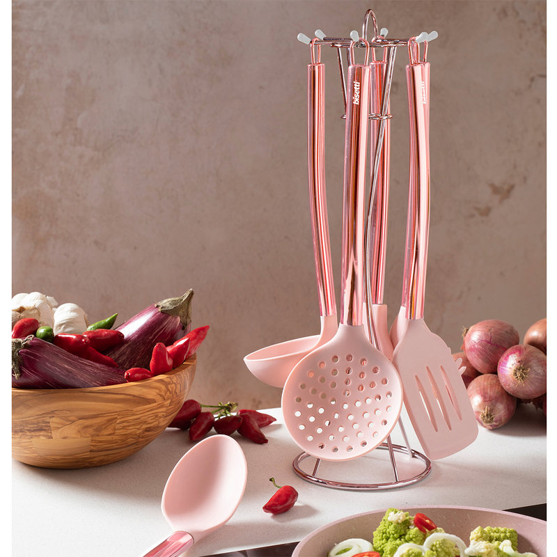 Stone Rose 6 piece silicone kitchen utensil set with metal holder