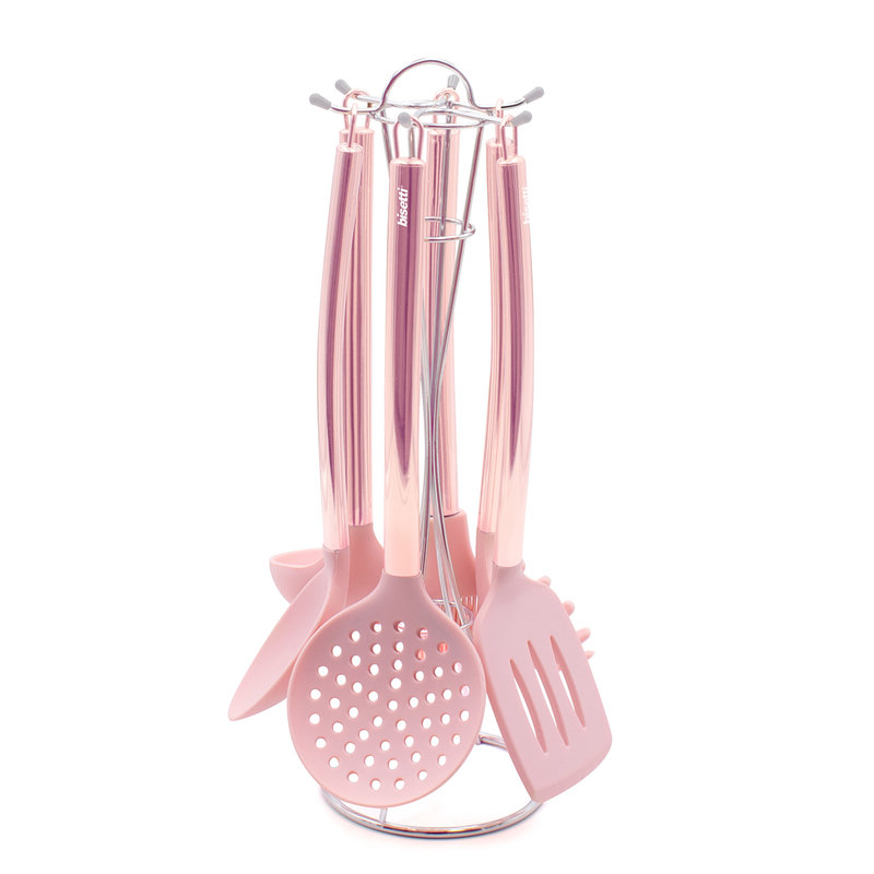 Stone Rose 6 piece silicone kitchen utensil set with metal holder