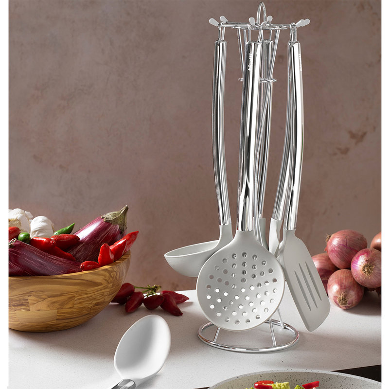 6-piece stone white silicone kitchen utensil set with metal support.