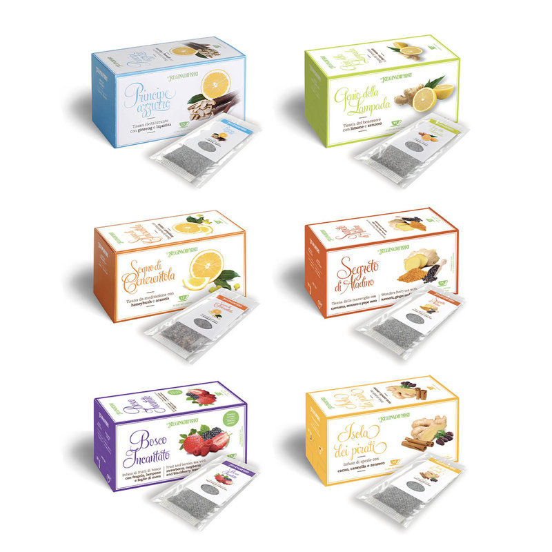 SET 6 ASSORTED TEAS QUEEN OF FLOWERS: PRINCE CHARMING, CINDERELLA'S DREAM,  ENCHANTED FOREST, GENIUS OF THE LAMP, ALADDIN'S SECRET, PIRATE ISLAND - Regina  di Fiori - Purchase on Ventis.