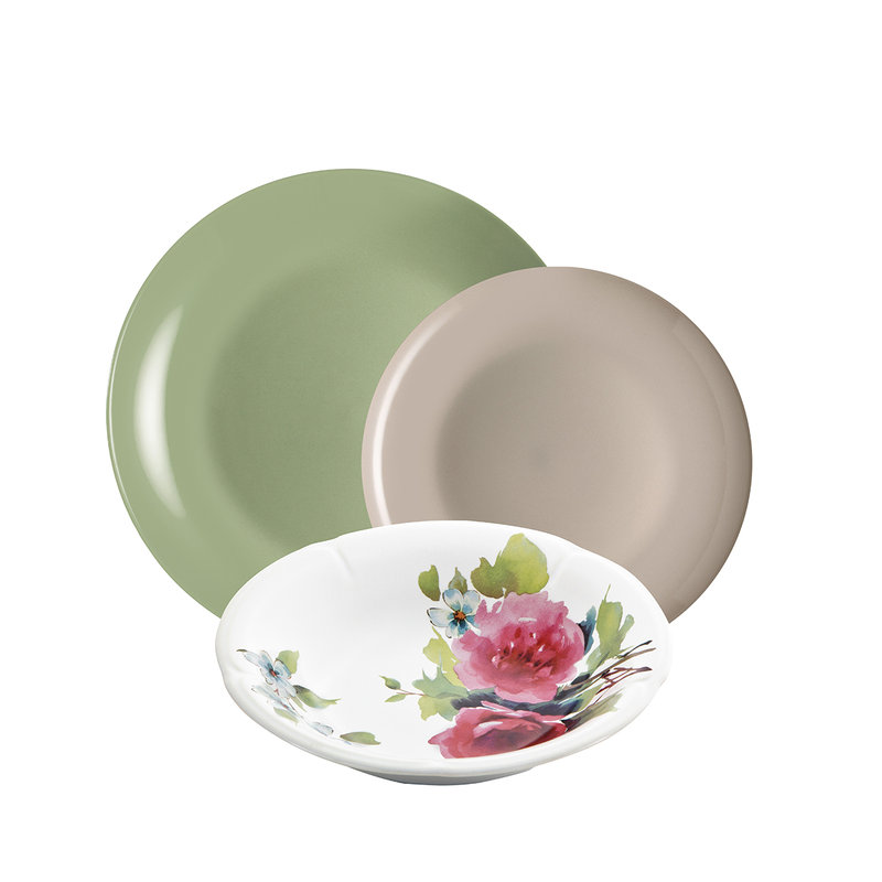 Linea Mitika - set tavola 18 Mitika, verde salvia/decoro rose/ grigio  tortora - Kaleidos - Acquista su Ventis.