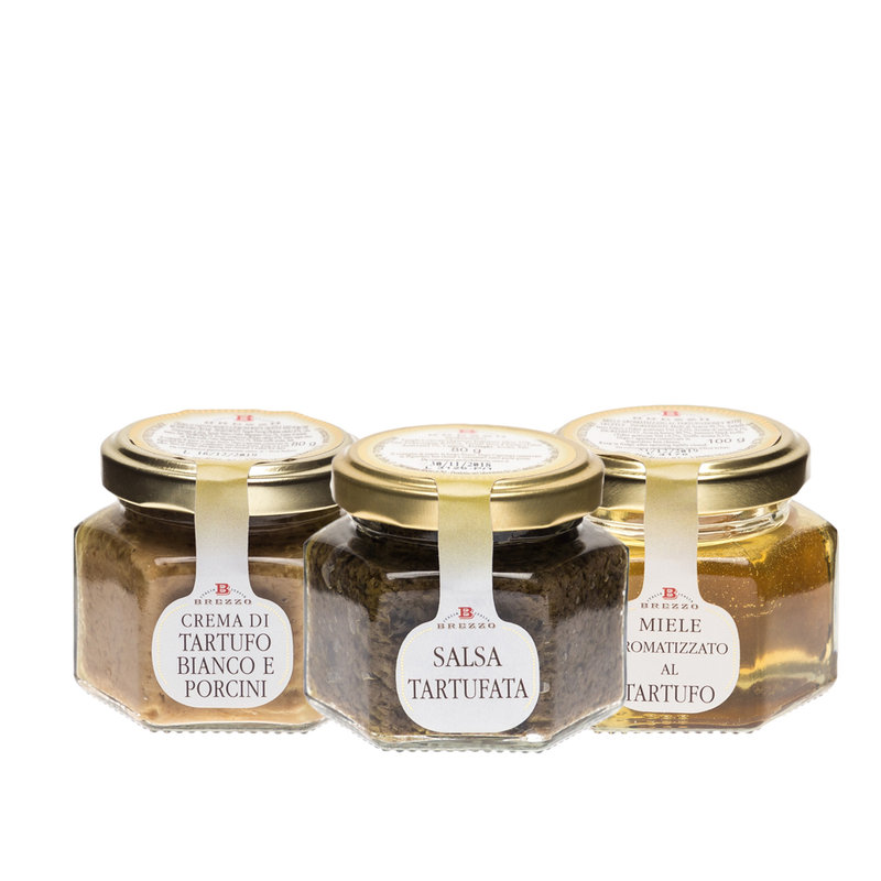 6 vasetti misti: miele di acacia aromatizzato al tartufo - salsa tartufata  - crema al tartufo e porcini - Selezione Brezzo - Acquista su Ventis.