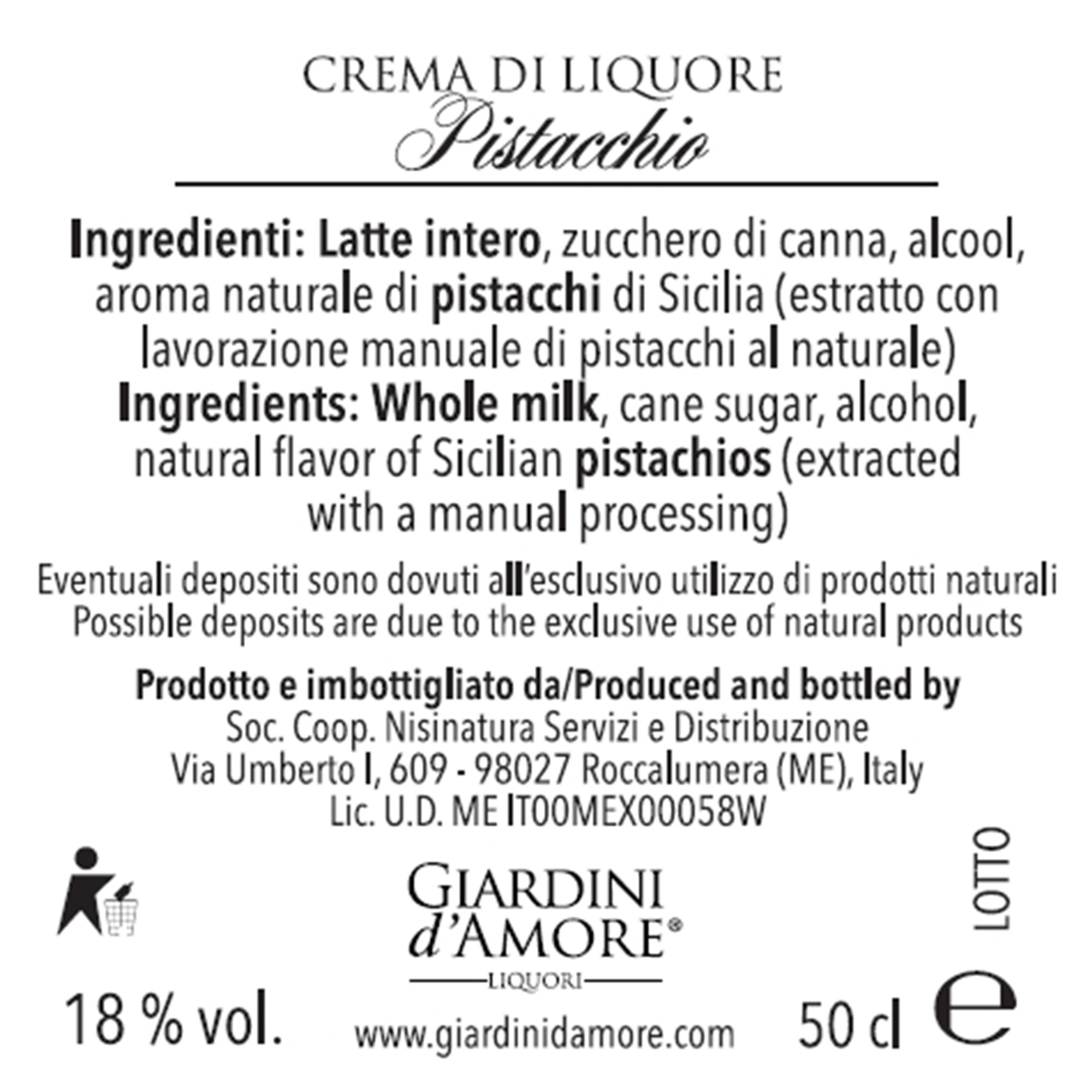 Crema di liquore di Pistacchio 50 cl Giardini d'Amore vista2