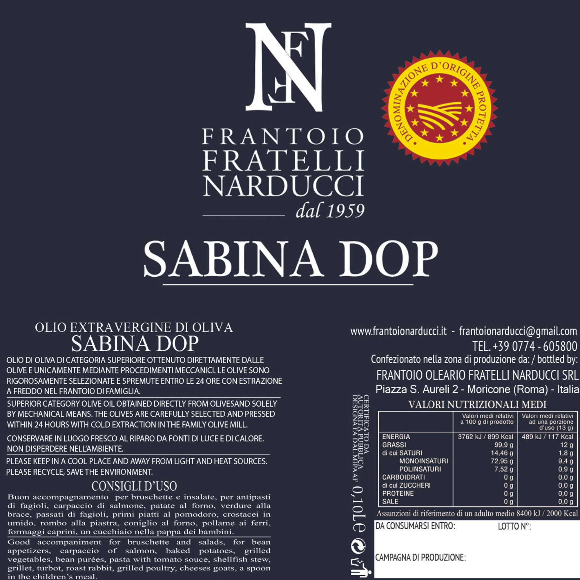 6 bottiglie 0,50 lt - Olio EVO Sabina DOP Frantoio Narducci vista1