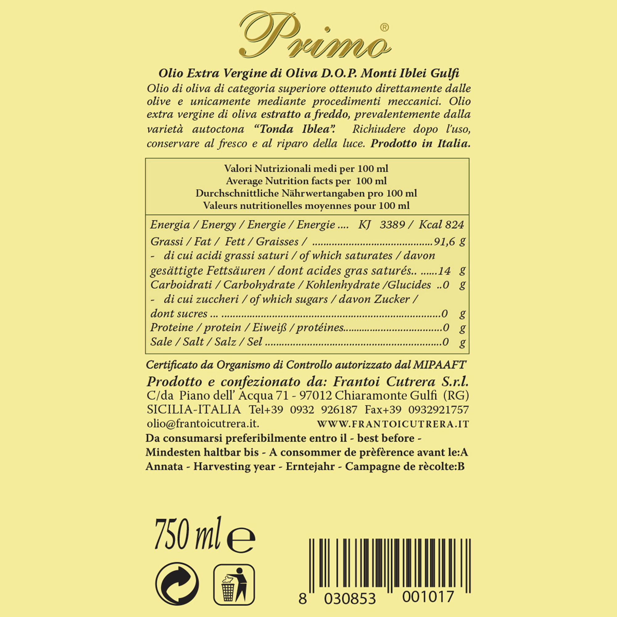 6 bottiglie 0,75 lt - Olio EVO Primo DOP Monti Iblei Frantoi Cutrera vista2