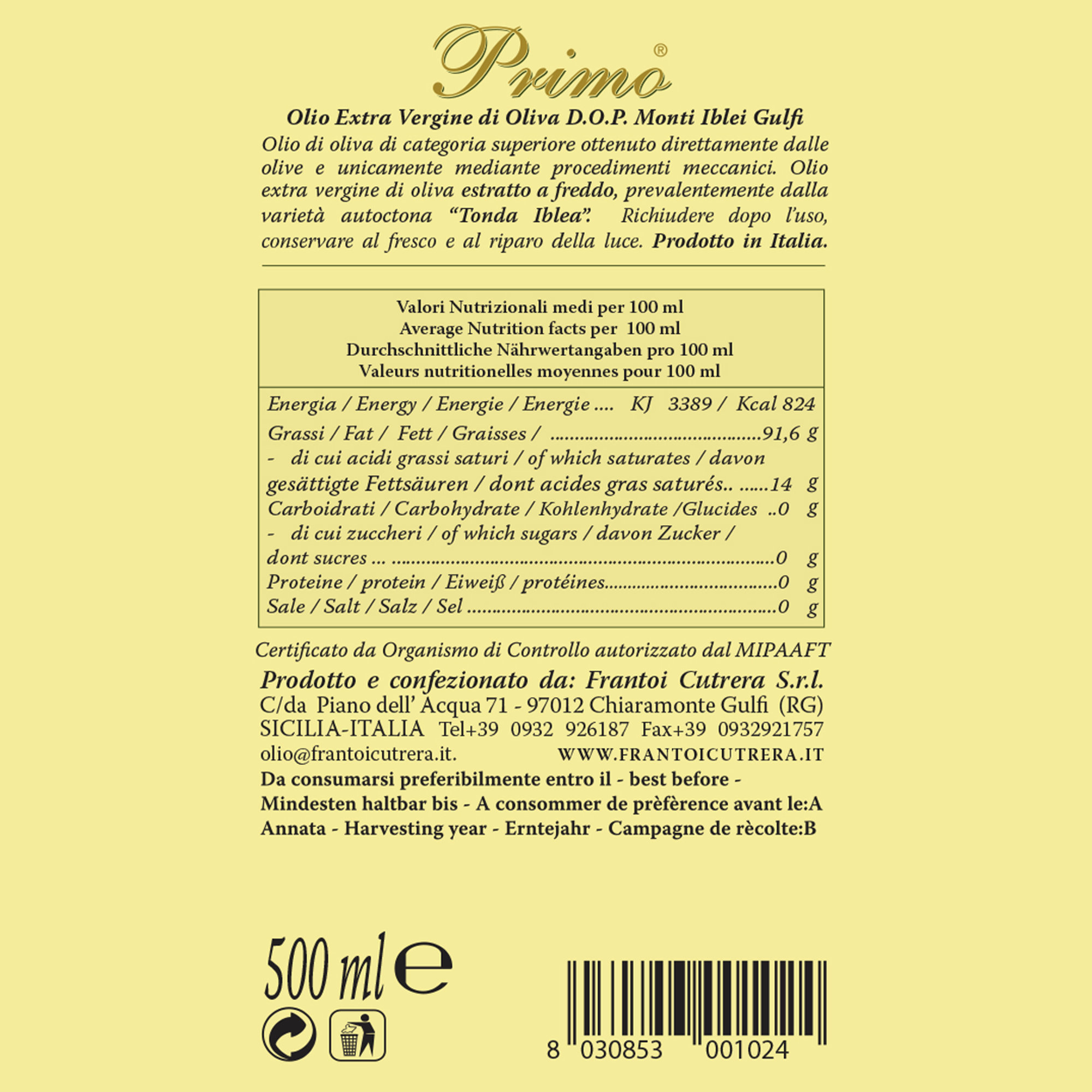 6 flaskor 0,5 l - Olivolja EVO Primo DOP Monti Iblei Frantoi Cutrera vista2