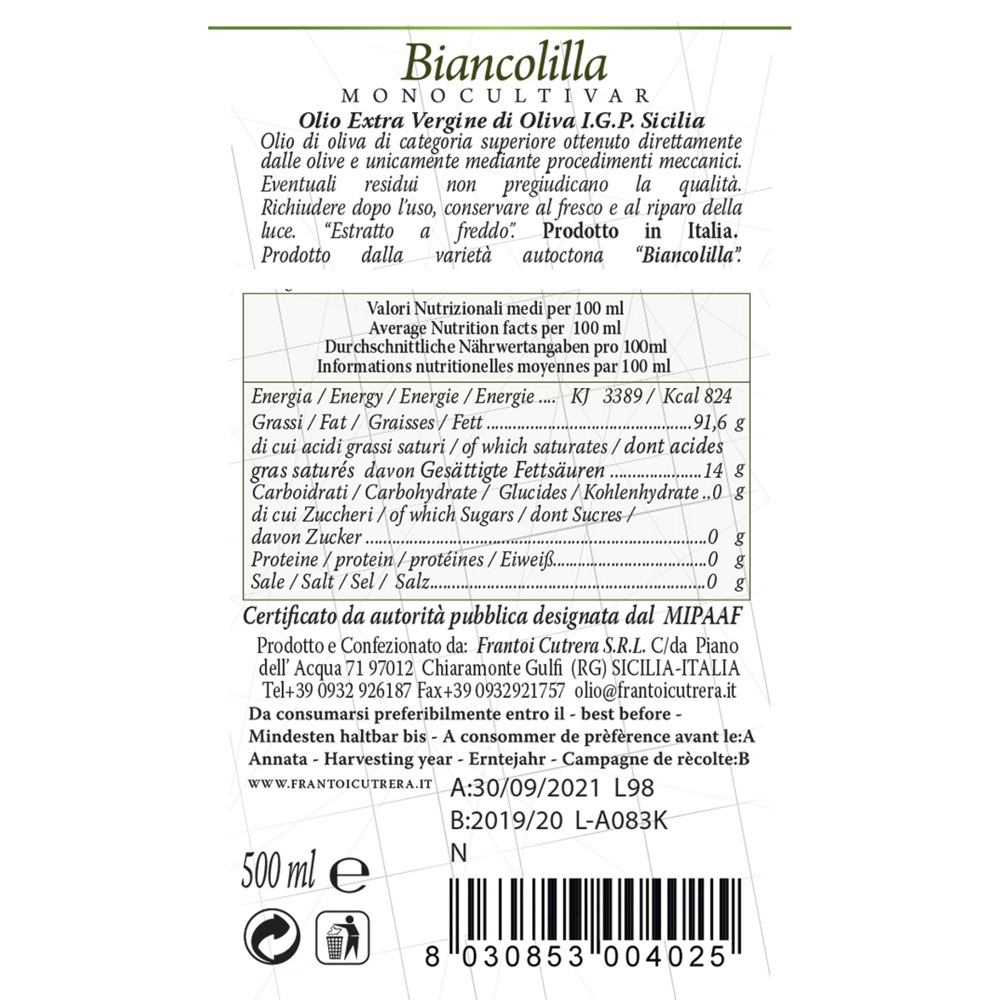 6 bottiglie 0,5 lt - Olio EVO Grand Cru Monocultivar Biancolilla Frantoi Cutrera vista2