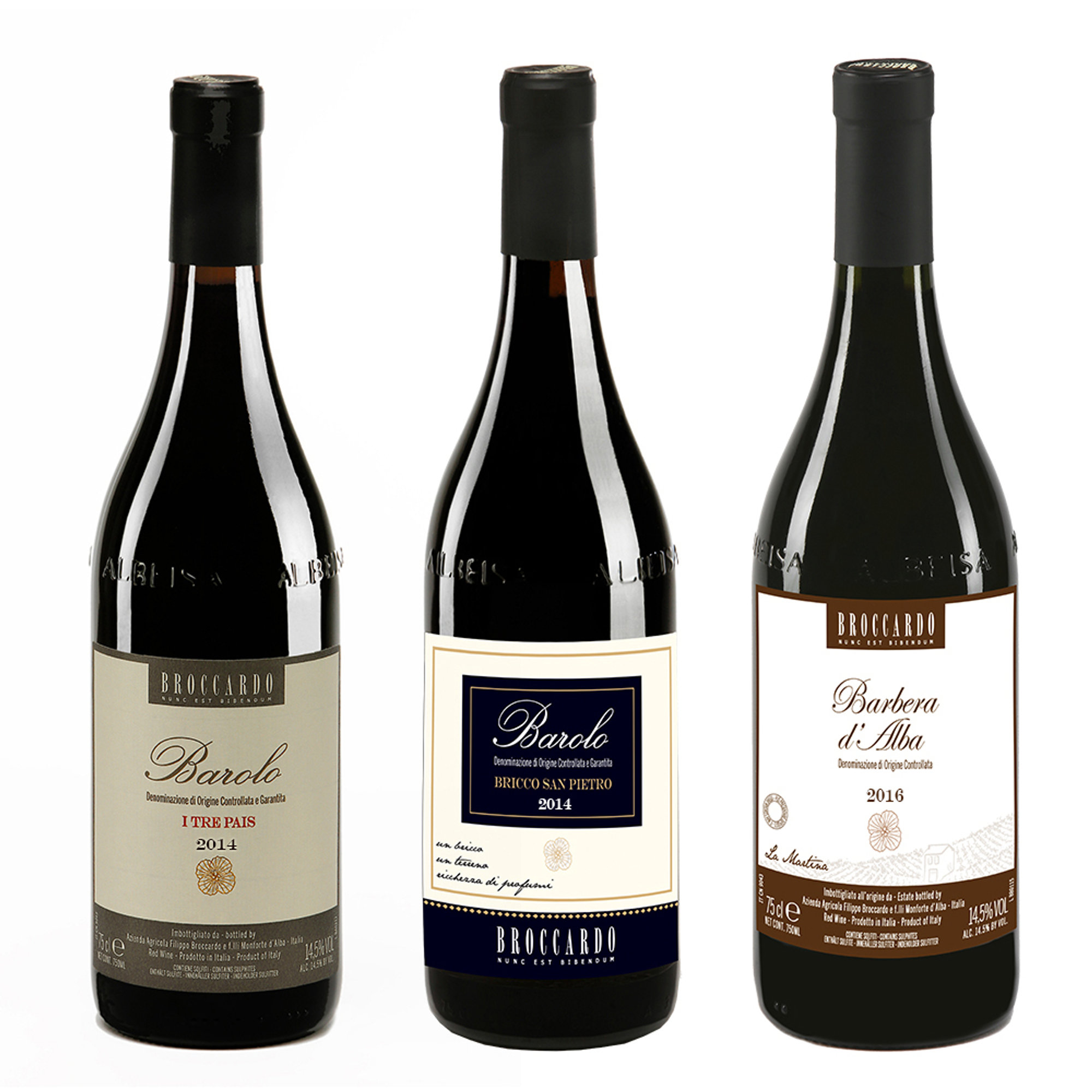 3 bottiglie miste: Barolo "I Tre Pais" - Barolo "Bricco San Pietro" - Barbera Broccardo vista0