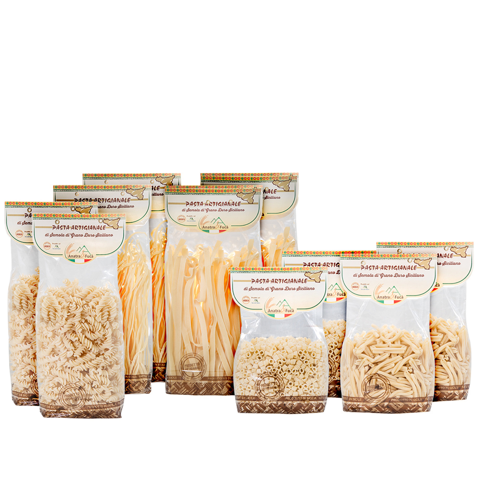 10 pacchetti misti: 2 tagliatelle - 2 fettuccine - 2 caserecce - 2 fusilli - 2 ditali Anatra e Fucà vista0