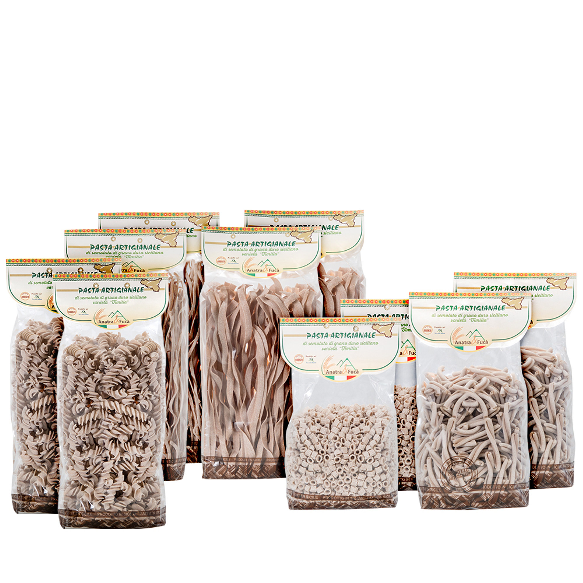 10 pacchetti misti Integrali: 2 tagliatelle - 2 fettuccine - 2 caserecce - 2 fusilli - 2 ditali Anatra e Fucà vista0