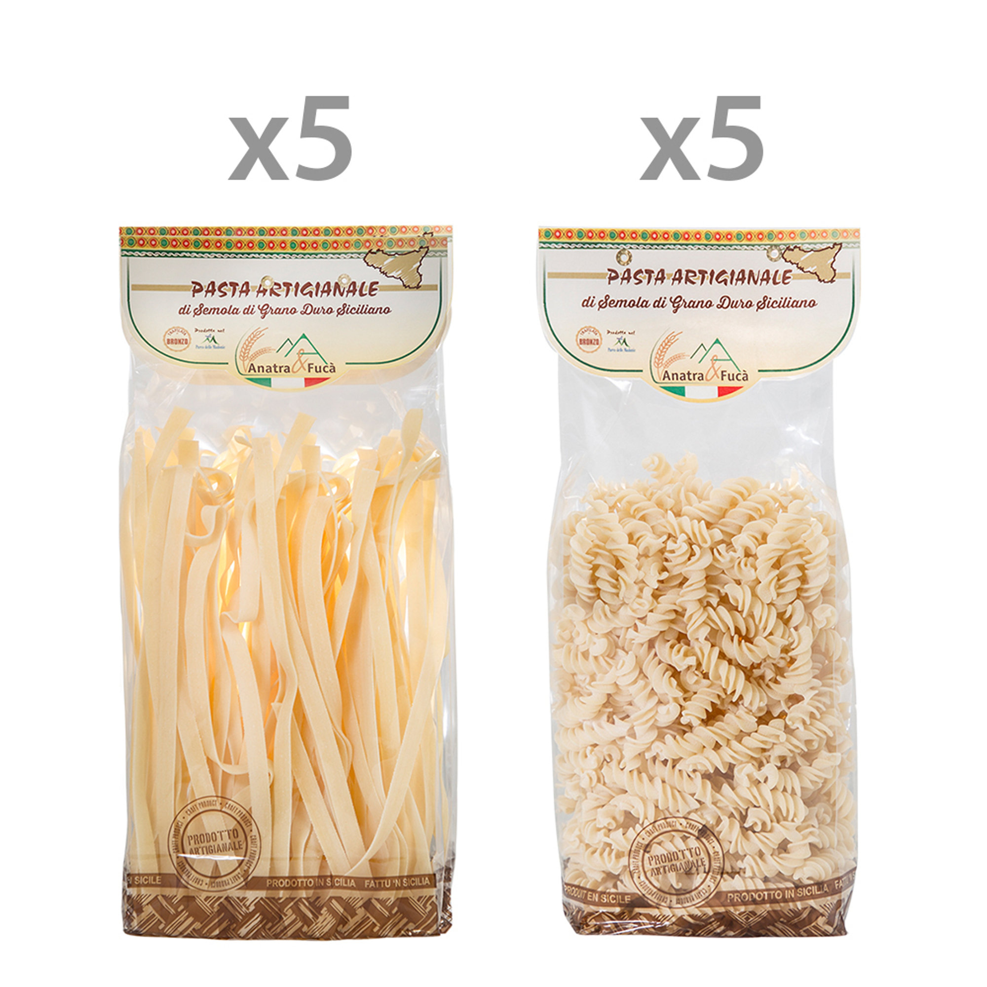 10 pacchetti misti: 5 tagliatelle - 5 fusilli Anatra e Fucà vista0