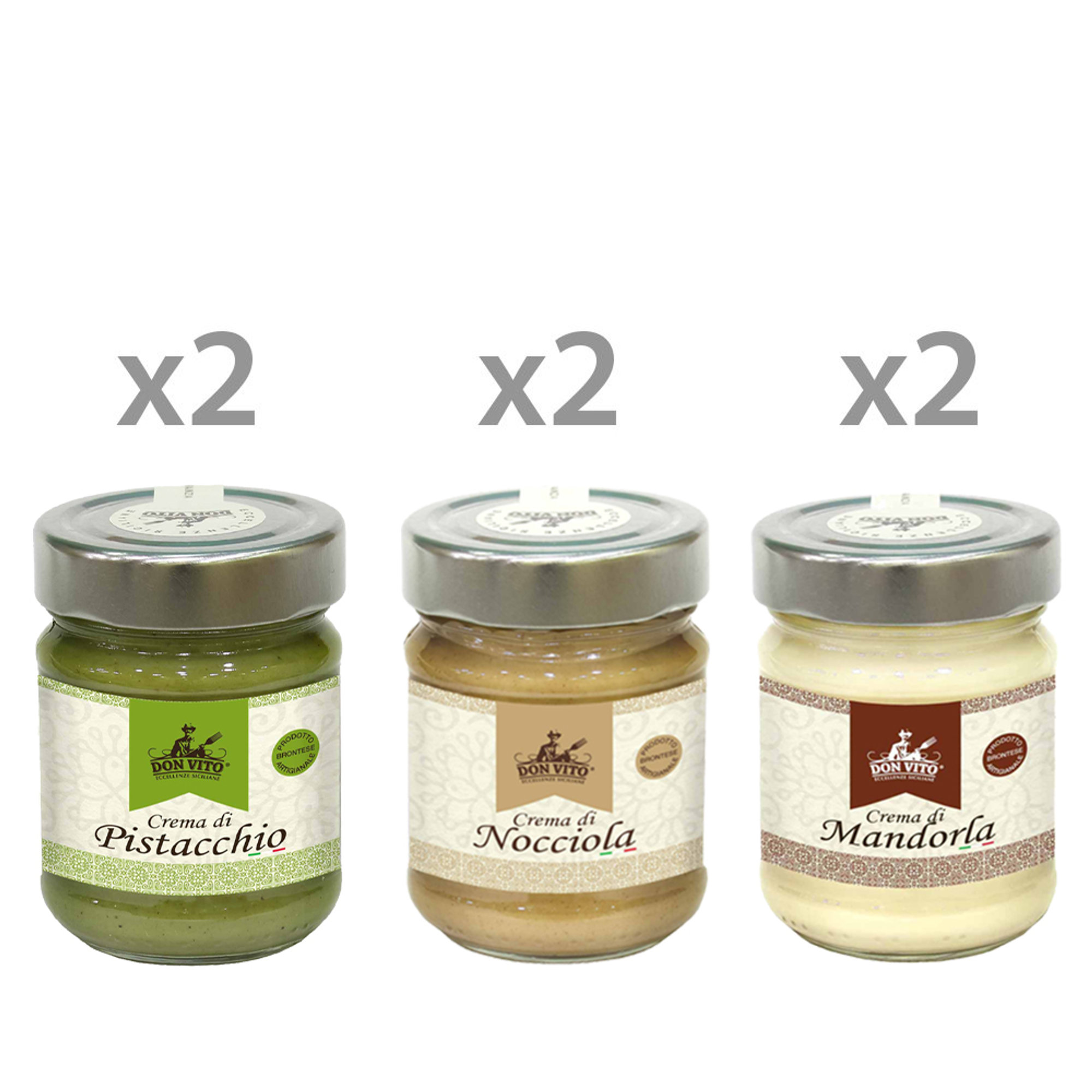 6 vasetti misti da 190 gr: 2 Crema di Pistacchio - 2 Crema di Nocciola - 2 Crema di Mandorla Don Vito - Eccellenze Siciliane vista0