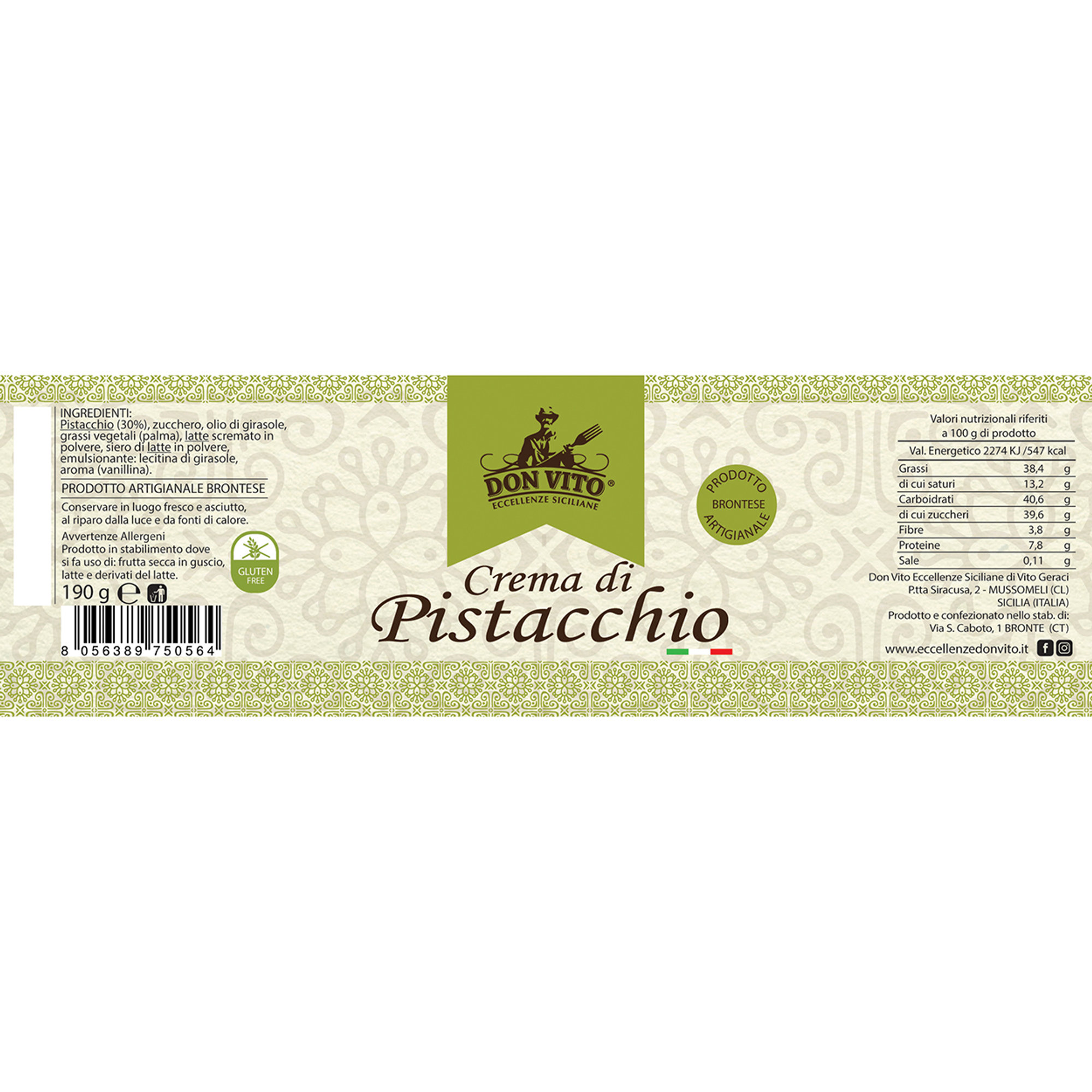 6 vasetti misti da 190 gr: 2 Crema di Pistacchio - 2 Crema di Nocciola - 2 Crema di Mandorla Don Vito - Eccellenze Siciliane vista2