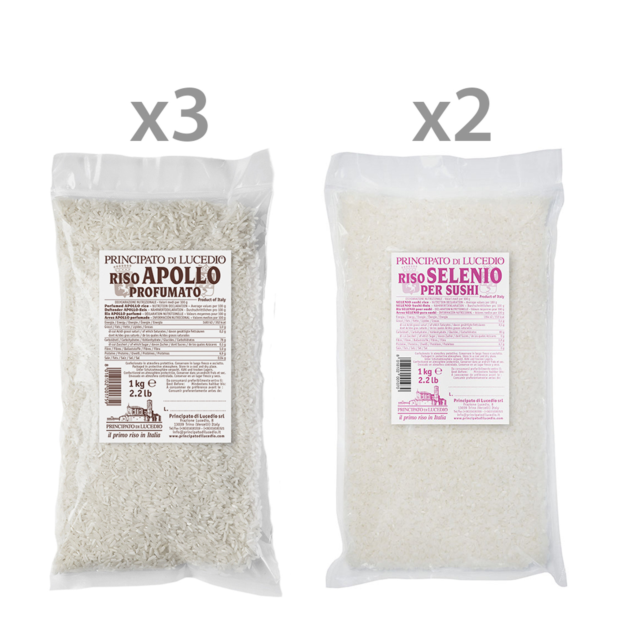 5 confezioni miste da 1 kg: 3 Riso Apollo Profumato - 2 Riso Selenio per Sushi Principato di Lucedio vista0