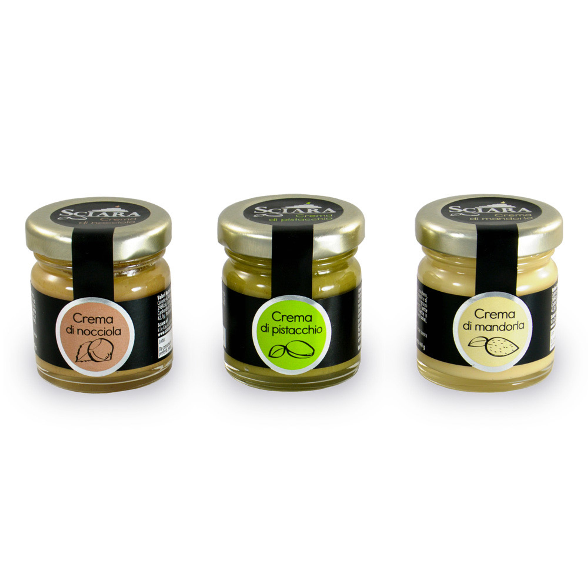 3 barattoli misti: Crema di Pistacchio 40 gr - Crema di Mandorla 40 gr - Crema di Nocciola 40 gr Sciara vista0
