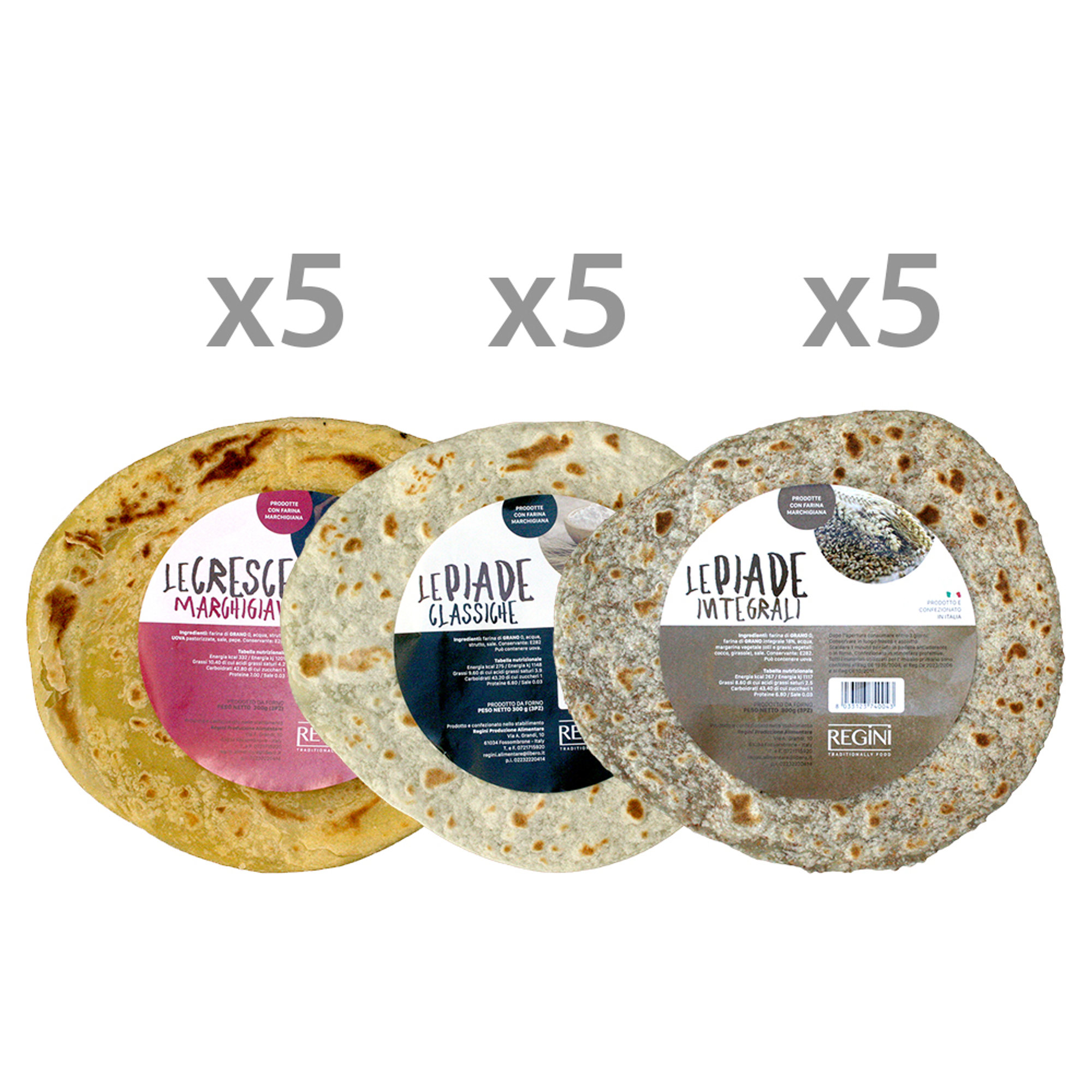 15 confezioni miste: 5 Cresce Marchigiane - 5 Piadine - 5 Piadine Integrali Regini vista0