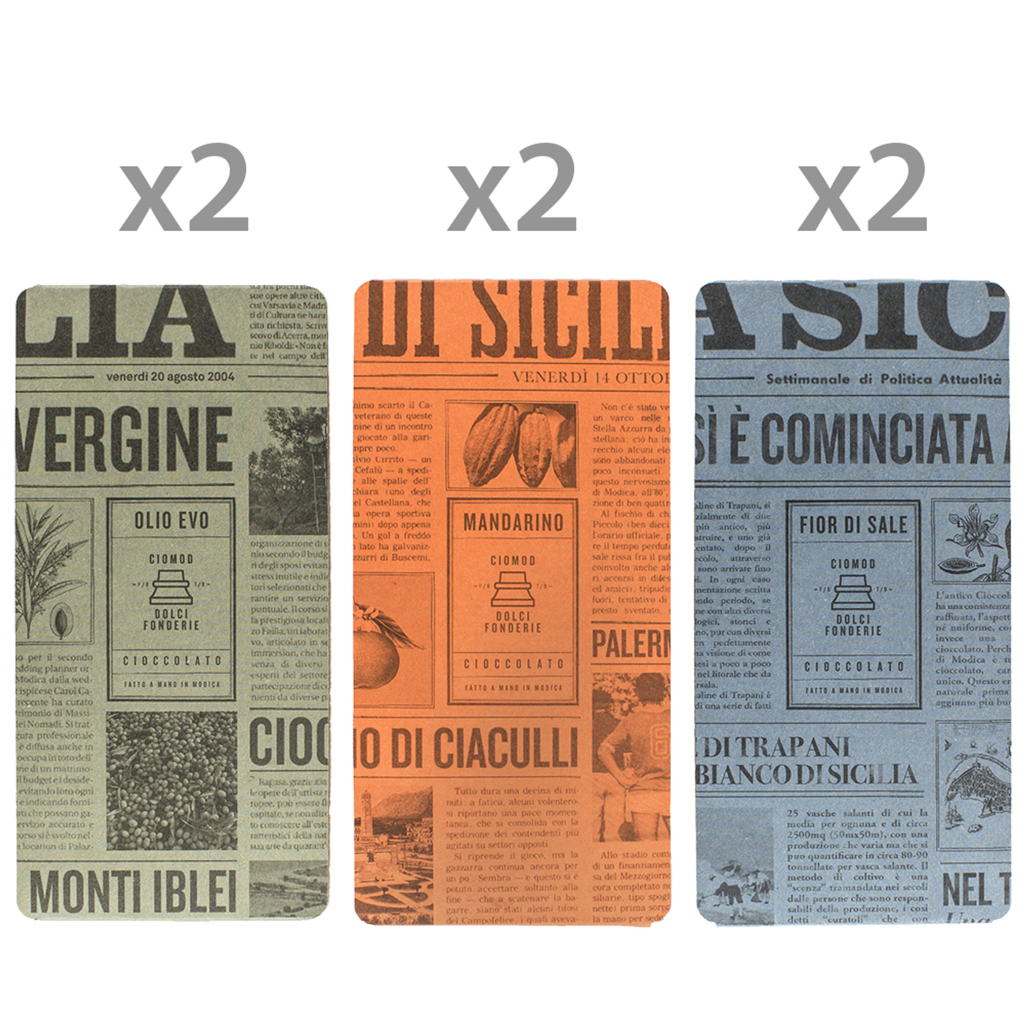 6 tavolette miste "Mix Sicilia": 2 Cioccolato con olio Evo DOP dei Monti Iblei - 2 Cioccolato con Mandarino tardivo di Ciaculli - 2 Cioccolato con fior di sale di Trapani Ciomod vista0