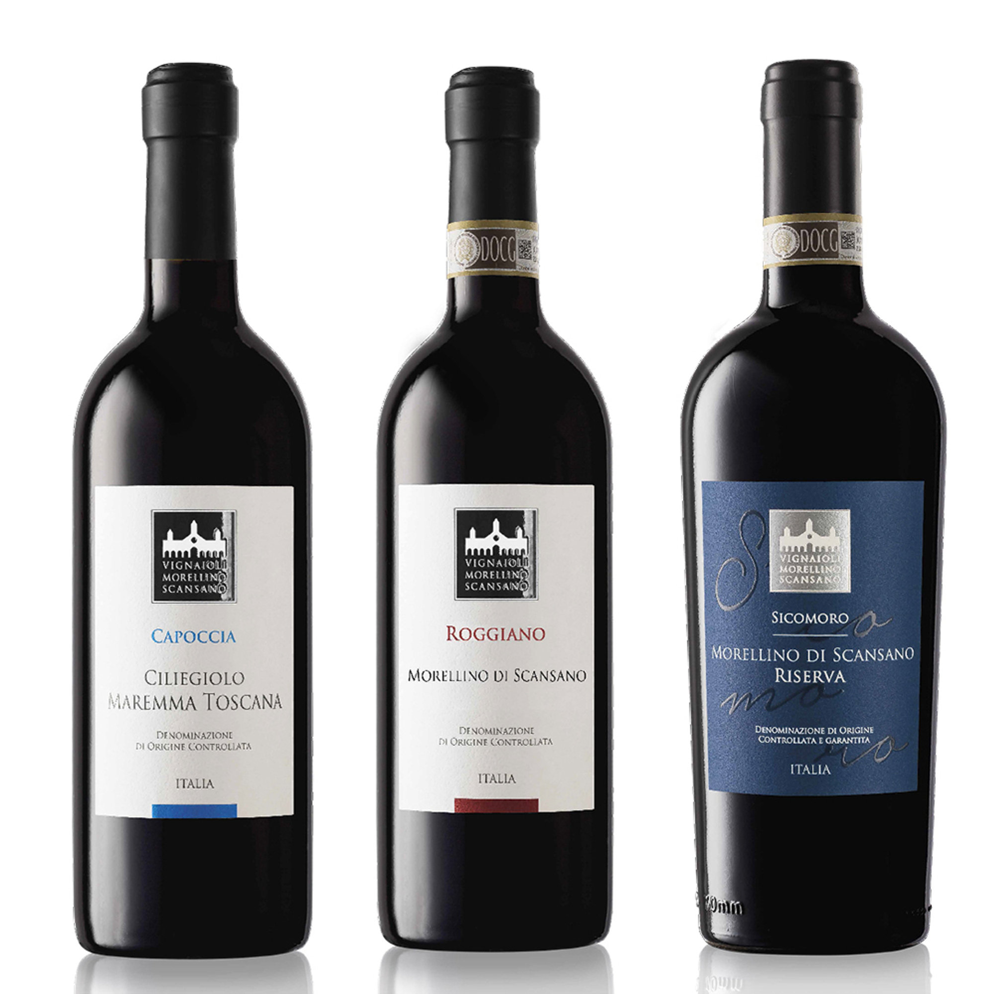 3 bottiglie miste: "Capoccia" 2021 - "Roggiano" 2021 - "Sicomoro" 2017 Vignaioli di Morellino vista0