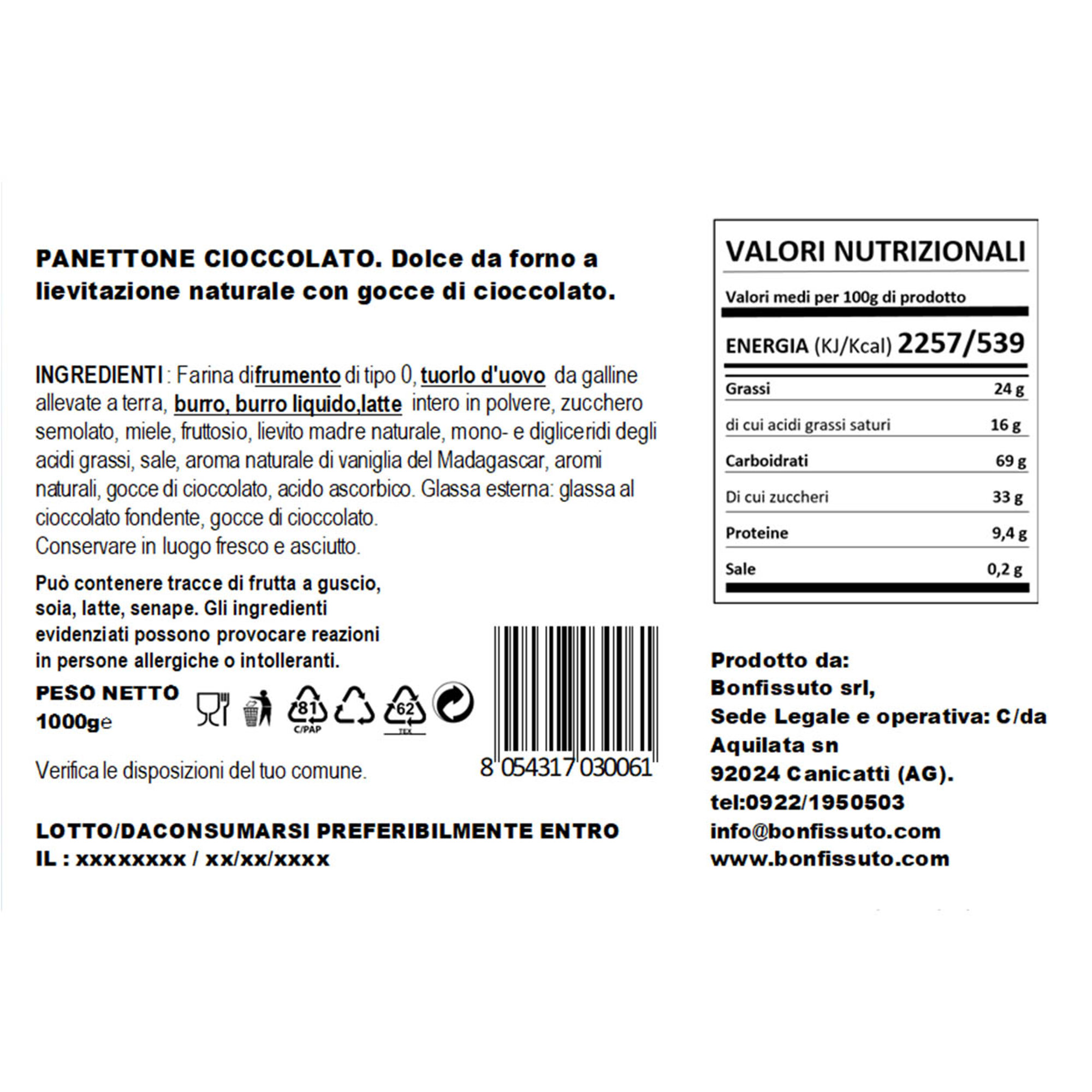 Panettone al Cioccolato con gocce e copertura al cioccolato fondente 1 kg Bonfissuto Pasticceria di Sicilia vista1
