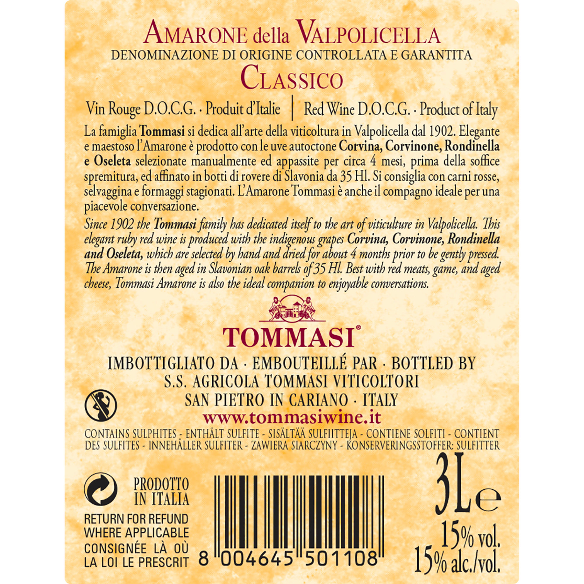 1 Jeroboam pullo 3 l - Amarone della Valpolicella Classico DOCG 2019 - puulaatikko Tommasi vista2