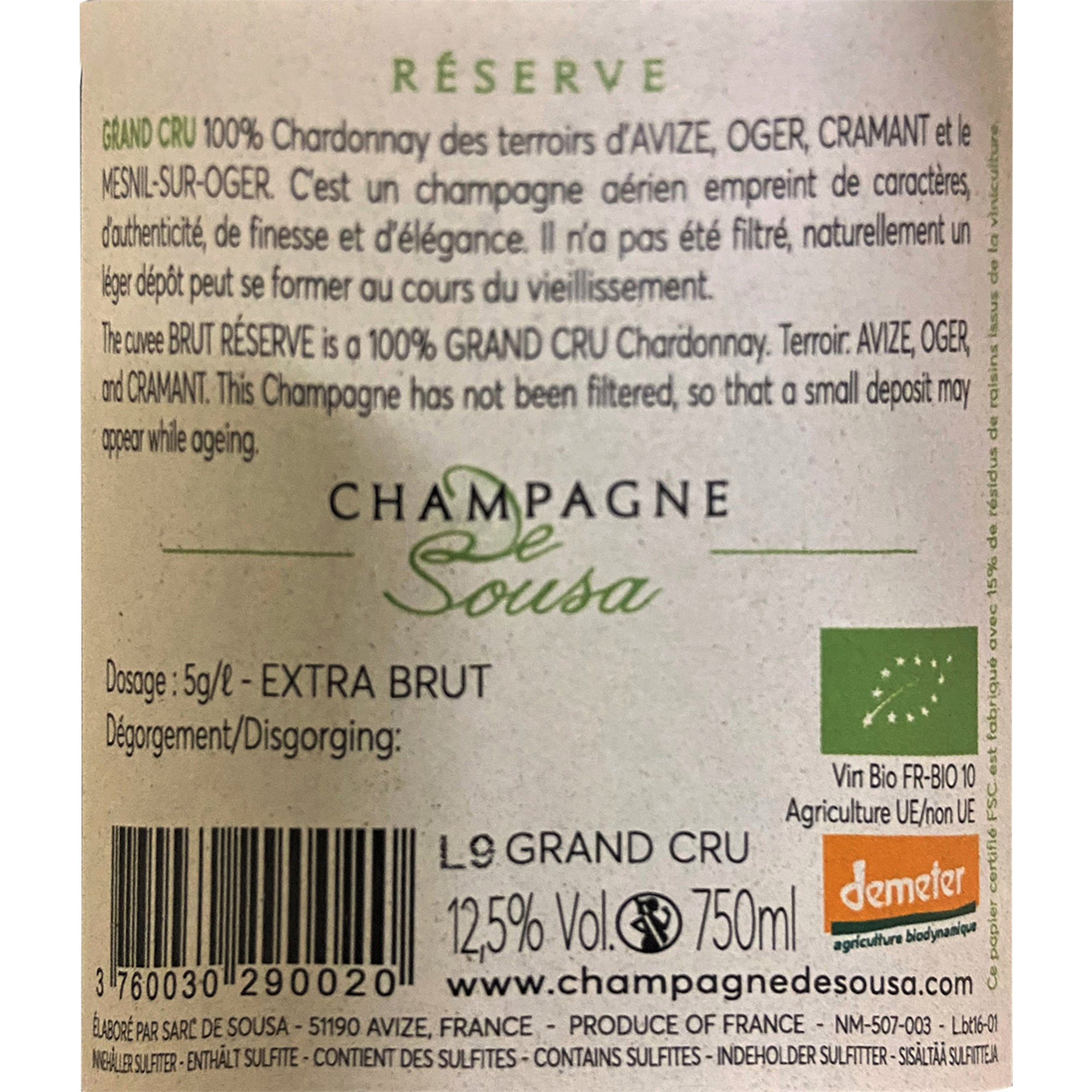 1 bottiglia - Champagne De Sousa brut reserve grand cru De Sousa vista1