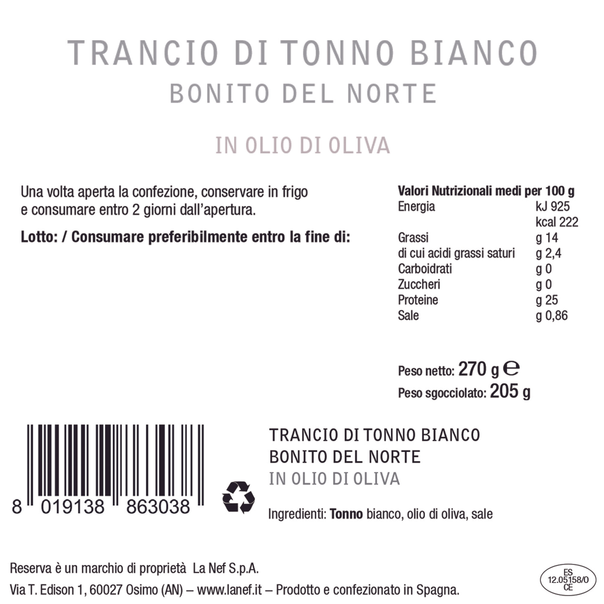 3 latte da 270 gr - Trancio di Tonno bianco Bonito del Norte Reserva in olio d'oliva Reserva vista1