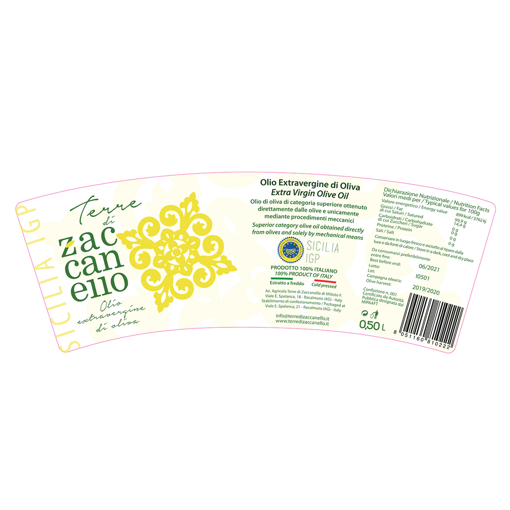 1 bottiglia - Olio EVO blend filtrato IGP Sicilia 500 ml Terre di Zaccanello vista1