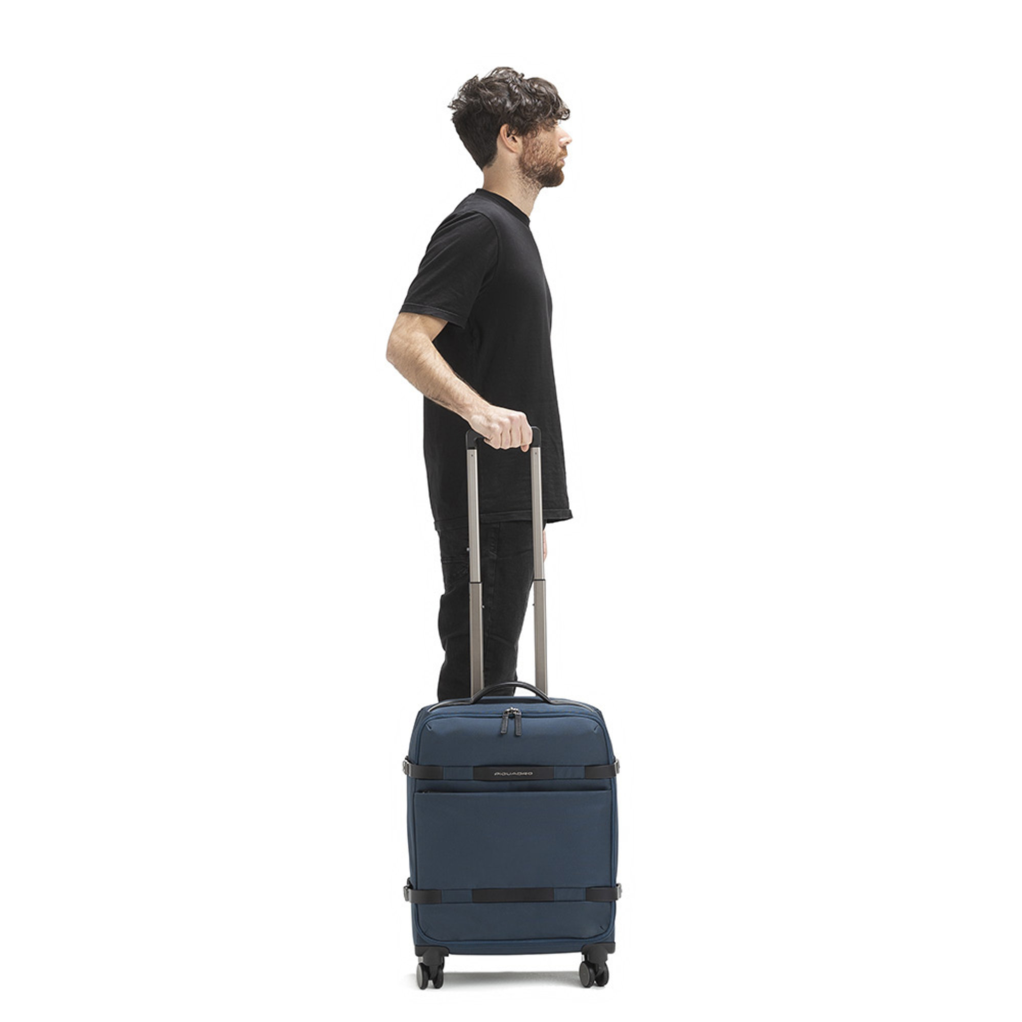 Trolley a quattro ruote piroettanti in tessuto tecnico blu cobalto Piquadro vista1