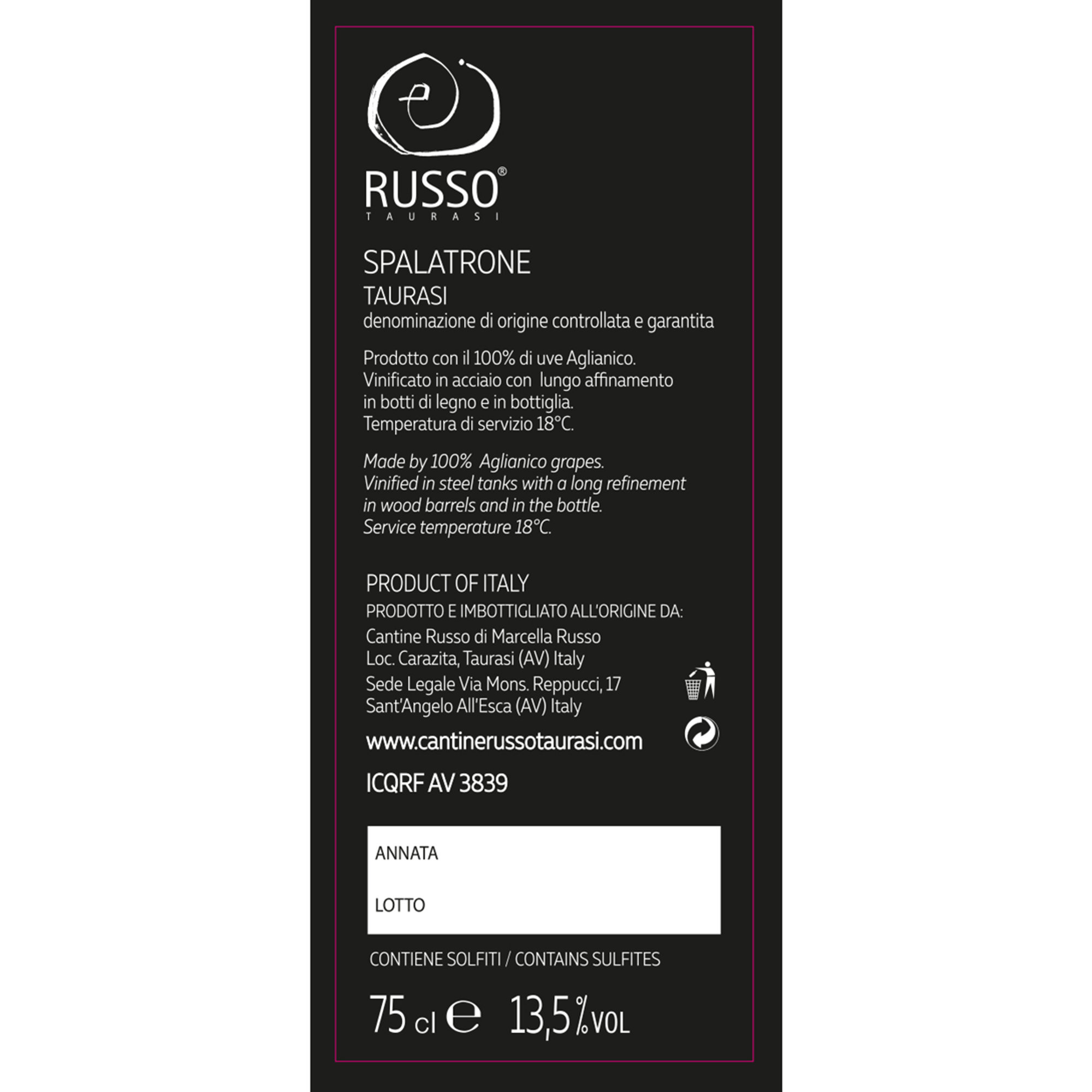 3 bottiglie miste: Spalatrone Taurasi DOCG 2011 - Carazita Campania Aglianico IGT - Macrì Irpinia Campi Taurasini DOC Cantine Russo vista2