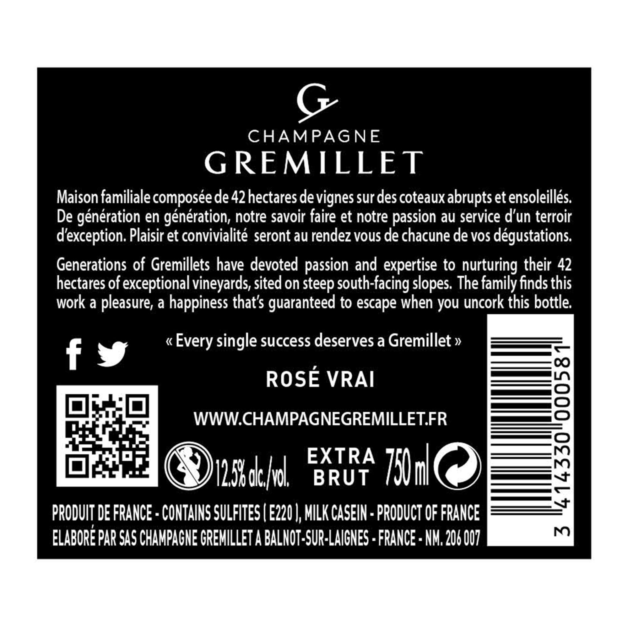 1 bott. 75 cl Extra Brut Rosè Vrai Champagne Gremillet vista1